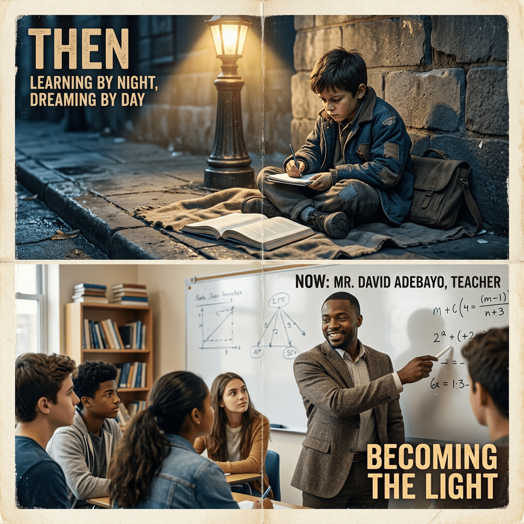 Split image showing a boy studying on the street at night under a lamp and the same person now teaching a classroom.